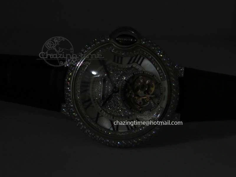 Ballon Bleu De Cartier Tourbillon SS Full Paved Diamonds On Black Leather Strap