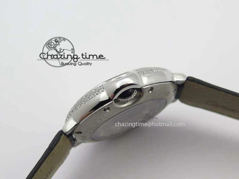 Ballon Bleu De Cartier Tourbillon SS Full Paved Diamonds On Black Leather Strap