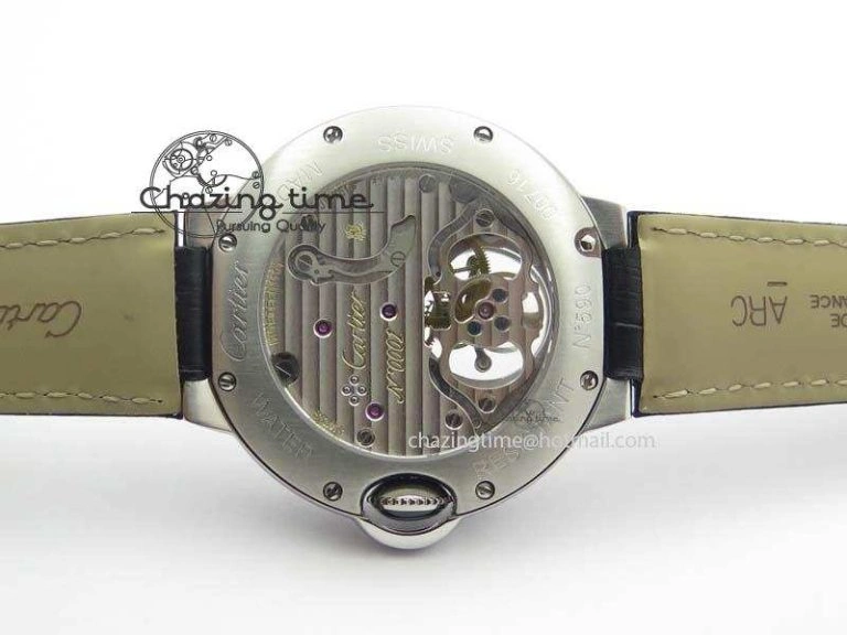 Ballon Bleu De Cartier Tourbillon SS Full Paved Diamonds On Black Leather Strap