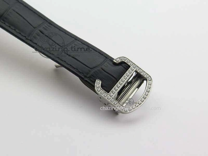 Ballon Bleu De Cartier Tourbillon SS Full Paved Diamonds On Black Leather Strap