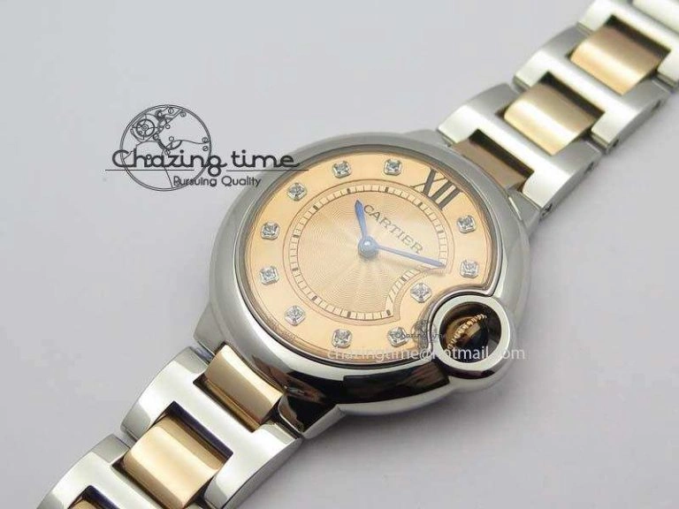 Ballon Bleu De V6 33mm SS RG Champagne Gold Dial On SS RG Bracelet Ronda Quartz