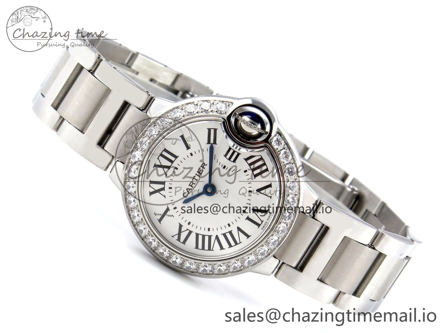 Ballon Bleu Ladies 28mm SS AF 1:1 Best Edition White Dial Big Diamonds Bezel on SS Bracelet Ronda Quartz