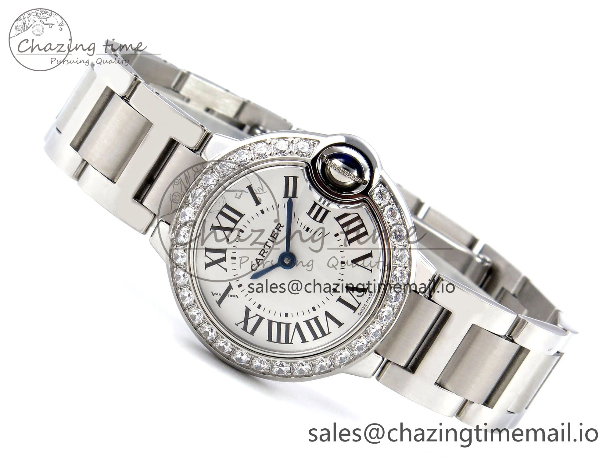 Ballon Bleu Ladies 28mm SS AF 1:1 Best Edition White Dial Big Diamonds Bezel on SS Bracelet Ronda Quartz