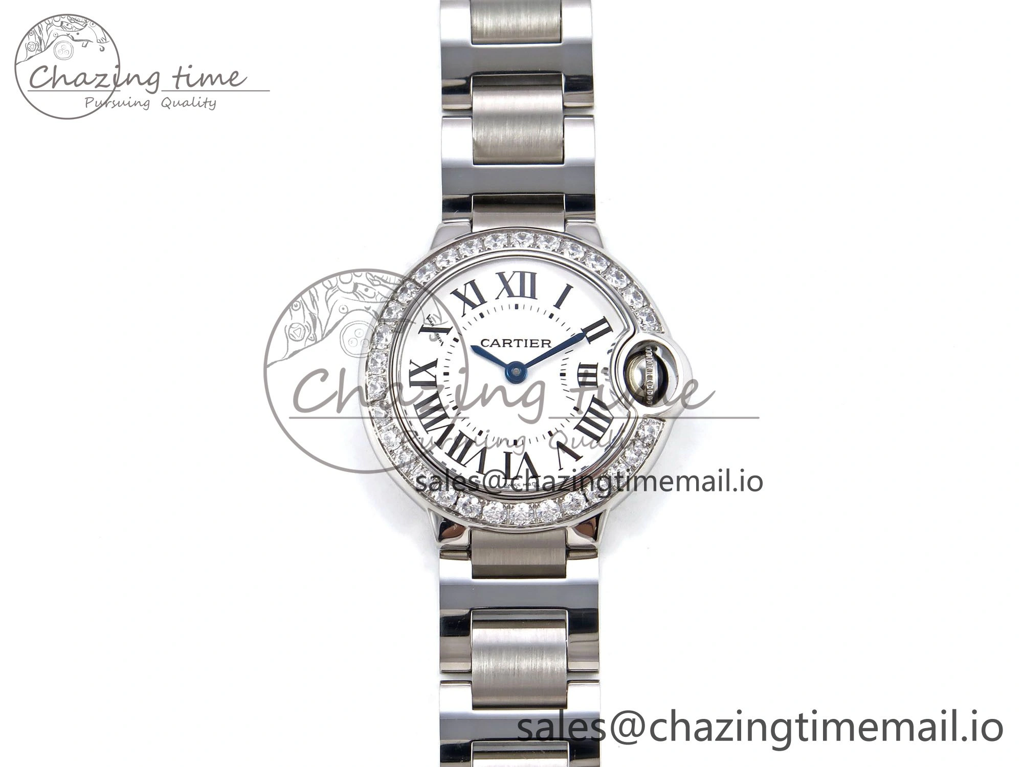Ballon Bleu Ladies 28mm SS AF 1:1 Best Edition White Dial Big Diamonds Bezel on SS Bracelet Ronda Quartz