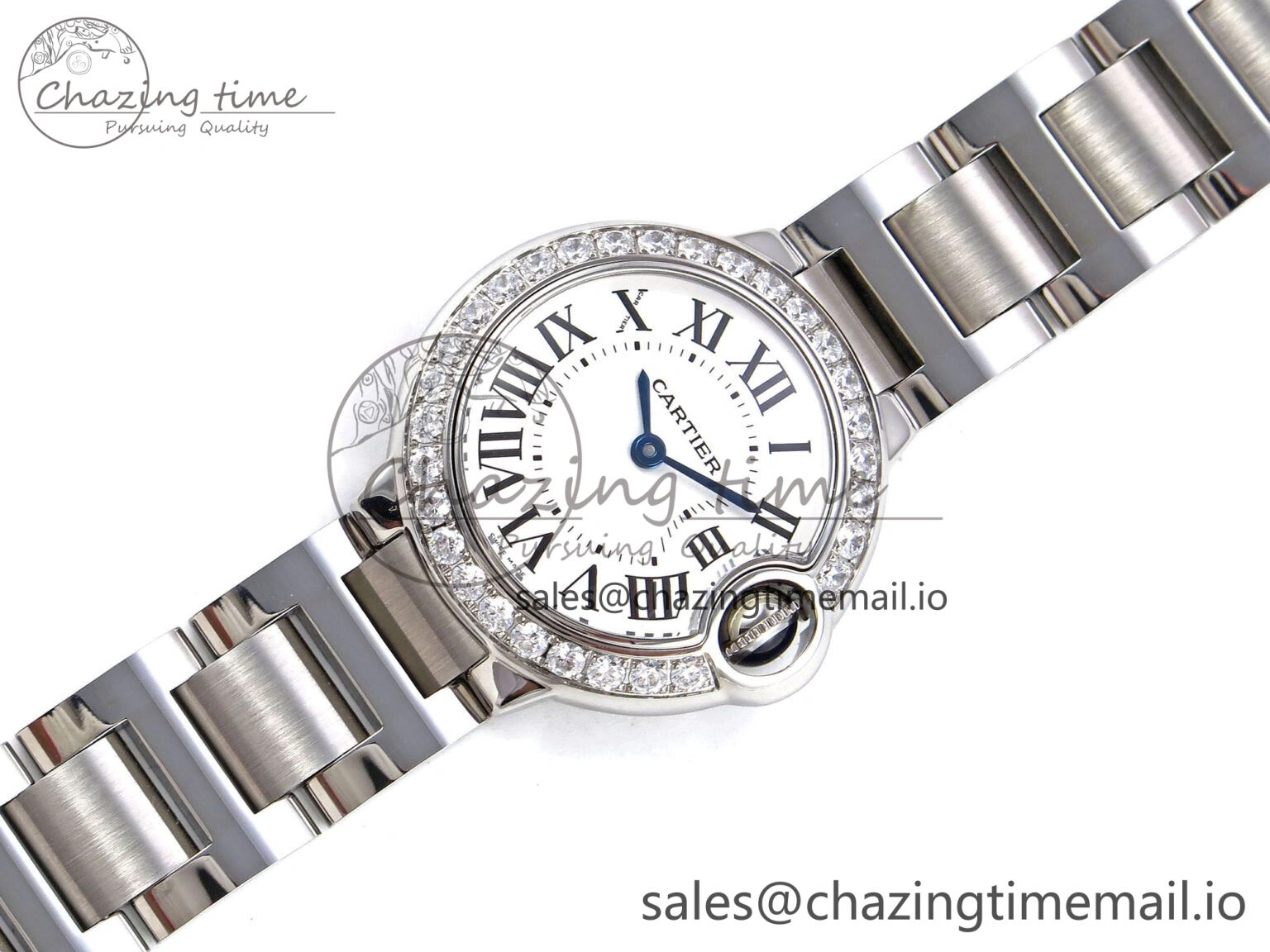 Ballon Bleu Ladies 28mm SS AF 1:1 Best Edition White Dial Big Diamonds Bezel on SS Bracelet Ronda Quartz