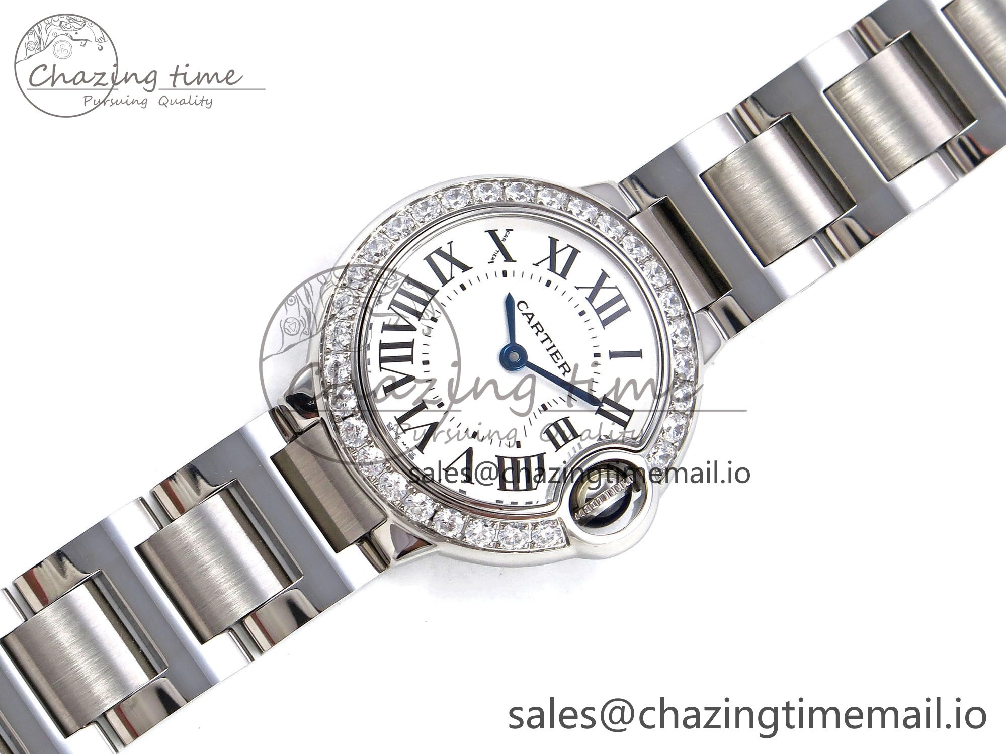 Ballon Bleu Ladies 28mm SS AF 1:1 Best Edition White Dial Big Diamonds Bezel on SS Bracelet Ronda Quartz