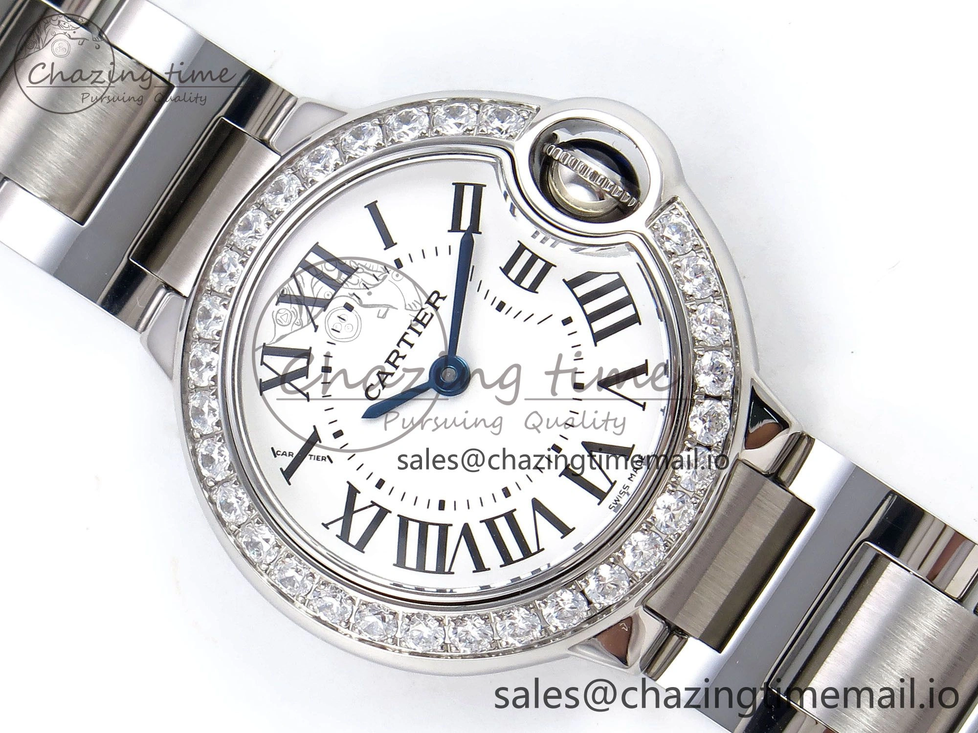 Ballon Bleu Ladies 28mm SS AF 1:1 Best Edition White Dial Big Diamonds Bezel on SS Bracelet Ronda Quartz