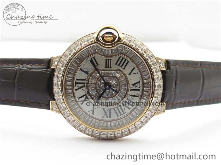 Ballon Bleu T Diamond RG Full Paved Diamonds with Roman Markers Dial on Brown Leather Strap Miyota 9015