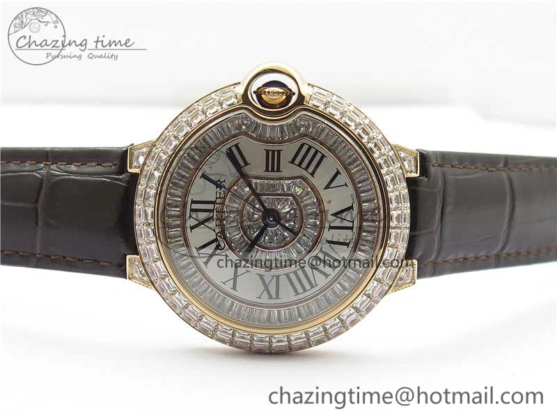 Ballon Bleu T Diamond RG Full Paved Diamonds with Roman Markers Dial on Brown Leather Strap Miyota 9015