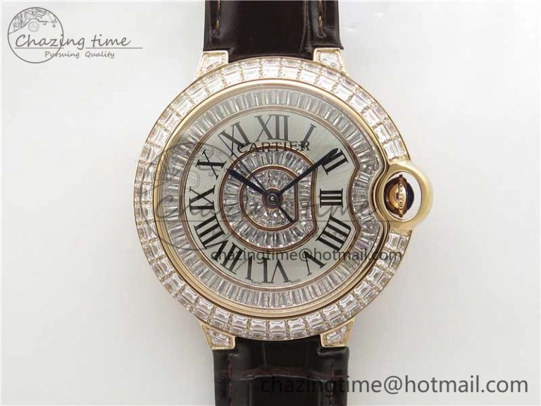 Ballon Bleu T Diamond RG Full Paved Diamonds with Roman Markers Dial on Brown Leather Strap Miyota 9015