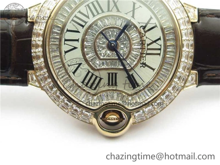 Ballon Bleu T Diamond RG Full Paved Diamonds with Roman Markers Dial on Brown Leather Strap Miyota 9015