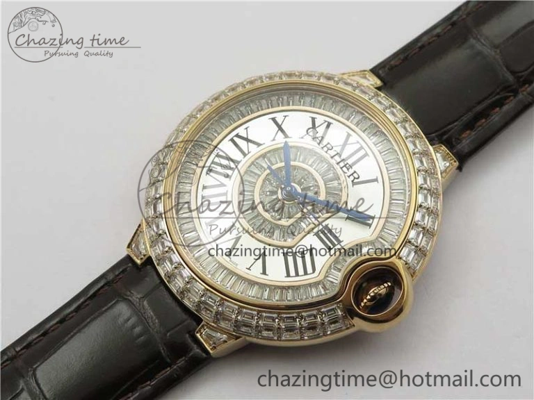 Ballon Bleu T Diamond RG Full Paved Diamonds with Roman Markers Dial on Brown Leather Strap Miyota 9015