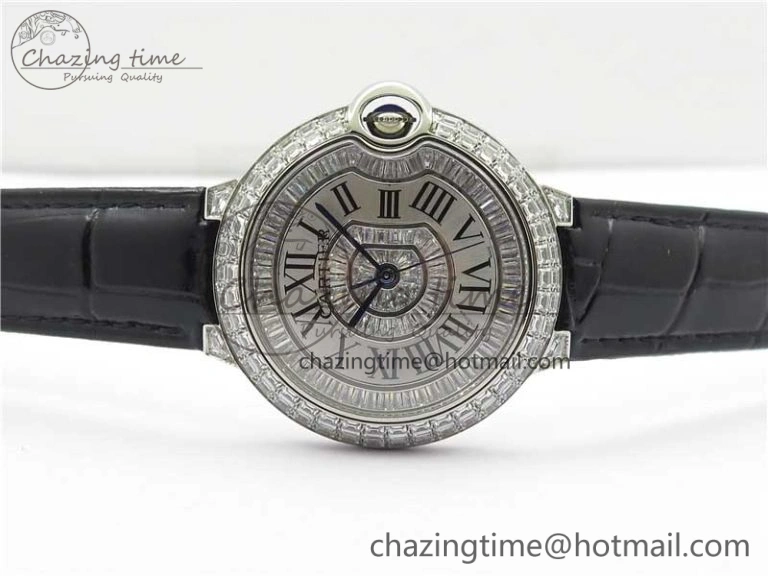 Ballon Bleu T Diamond SS Full Paved Diamonds with Roman Markers Dial on Black Leather Strap Miyota 9015