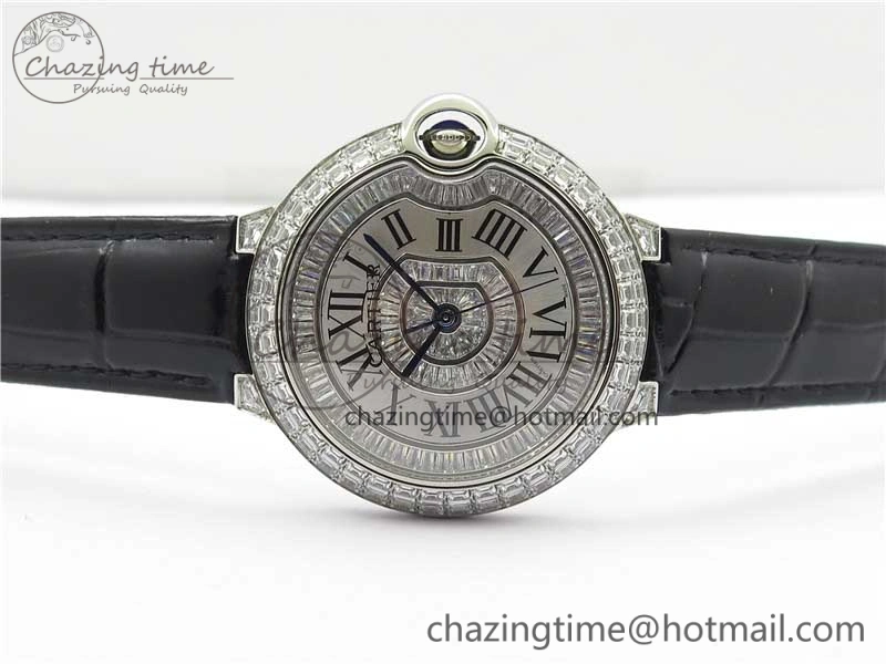Ballon Bleu T Diamond SS Full Paved Diamonds with Roman Markers Dial on Black Leather Strap Miyota 9015