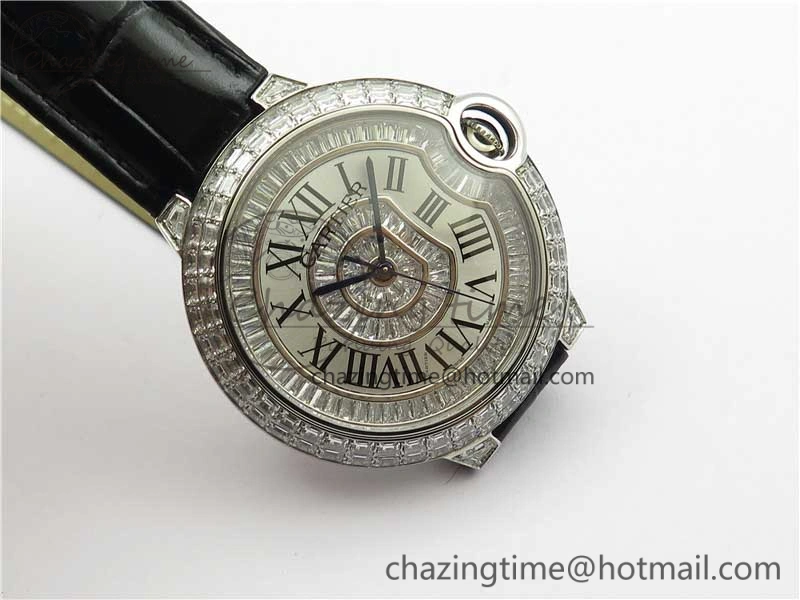 Ballon Bleu T Diamond SS Full Paved Diamonds with Roman Markers Dial on Black Leather Strap Miyota 9015