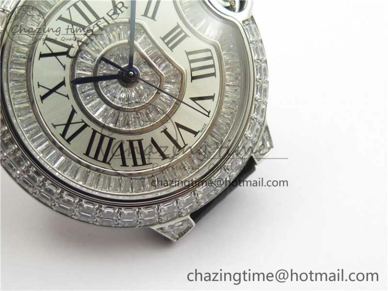 Ballon Bleu T Diamond SS Full Paved Diamonds with Roman Markers Dial on Black Leather Strap Miyota 9015
