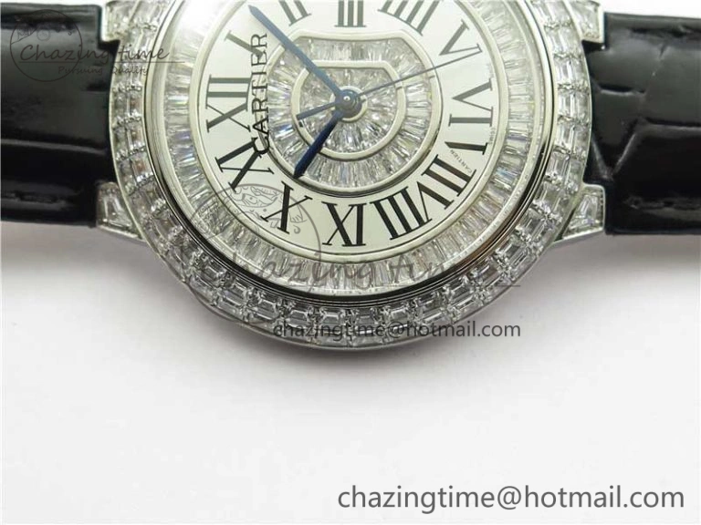 Ballon Bleu T Diamond SS Full Paved Diamonds with Roman Markers Dial on Black Leather Strap Miyota 9015