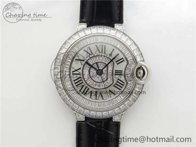 Ballon Bleu T Diamond SS Full Paved Diamonds with Roman Markers Dial on Black Leather Strap Miyota 9015