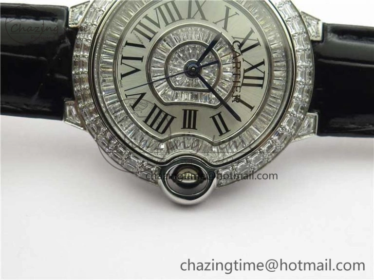 Ballon Bleu T Diamond SS Full Paved Diamonds with Roman Markers Dial on Black Leather Strap Miyota 9015