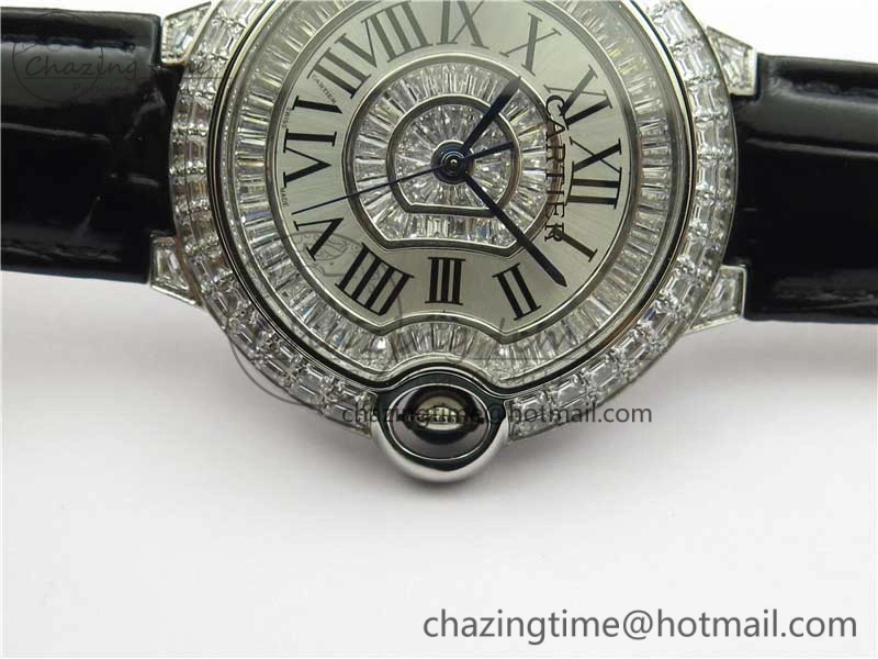 Ballon Bleu T Diamond SS Full Paved Diamonds with Roman Markers Dial on Black Leather Strap Miyota 9015