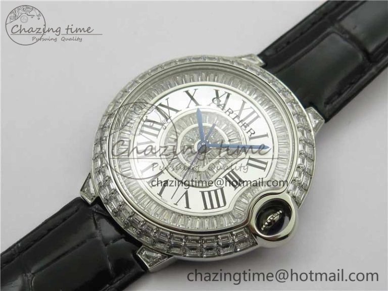 Ballon Bleu T Diamond SS Full Paved Diamonds with Roman Markers Dial on Black Leather Strap Miyota 9015