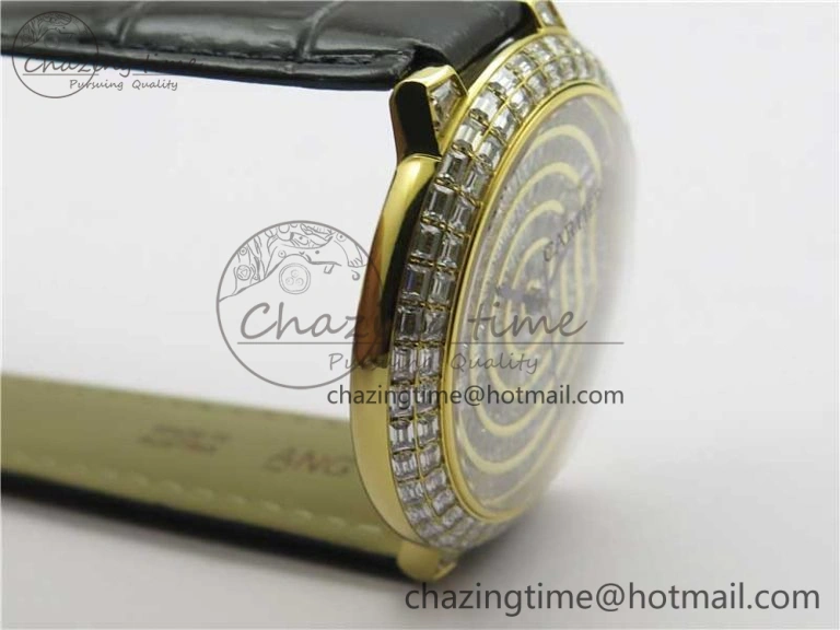 Ballon Bleu T Diamond YG Full Paved Diamonds Dial on Black Leather Strap Miyota 9015