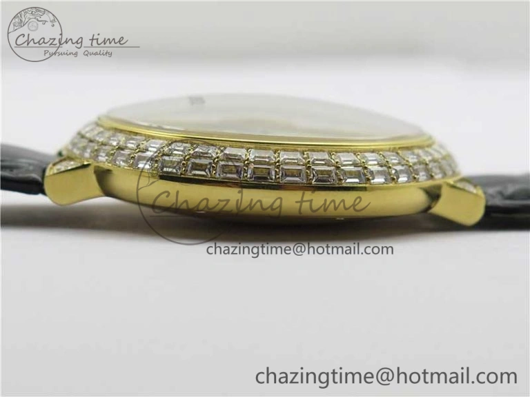 Ballon Bleu T Diamond YG Full Paved Diamonds with Roman Markers Dial on Black Leather Strap Miyota 9015