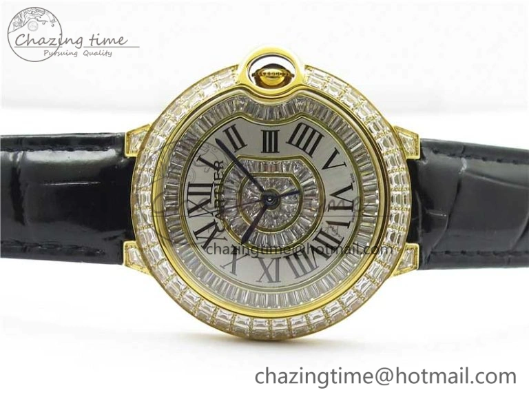 Ballon Bleu T Diamond YG Full Paved Diamonds with Roman Markers Dial on Black Leather Strap Miyota 9015