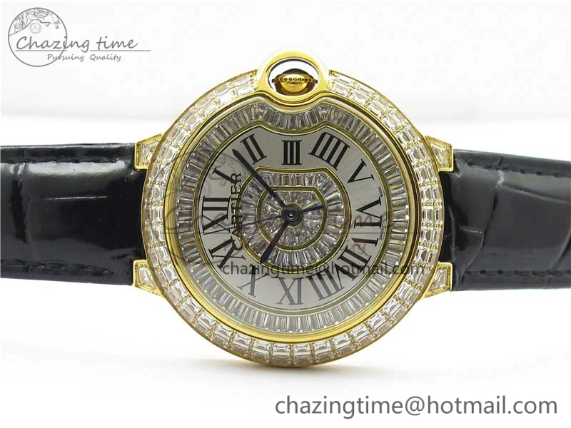 Ballon Bleu T Diamond YG Full Paved Diamonds with Roman Markers Dial on Black Leather Strap Miyota 9015