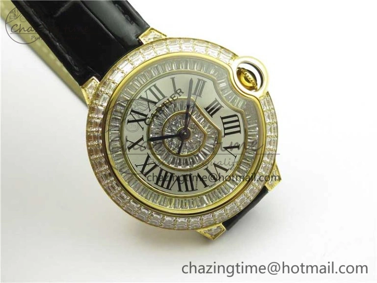 Ballon Bleu T Diamond YG Full Paved Diamonds with Roman Markers Dial on Black Leather Strap Miyota 9015