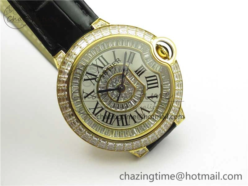 Ballon Bleu T Diamond YG Full Paved Diamonds with Roman Markers Dial on Black Leather Strap Miyota 9015