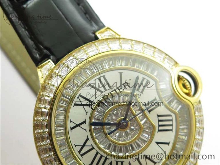 Ballon Bleu T Diamond YG Full Paved Diamonds with Roman Markers Dial on Black Leather Strap Miyota 9015