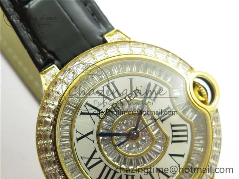 Ballon Bleu T Diamond YG Full Paved Diamonds with Roman Markers Dial on Black Leather Strap Miyota 9015