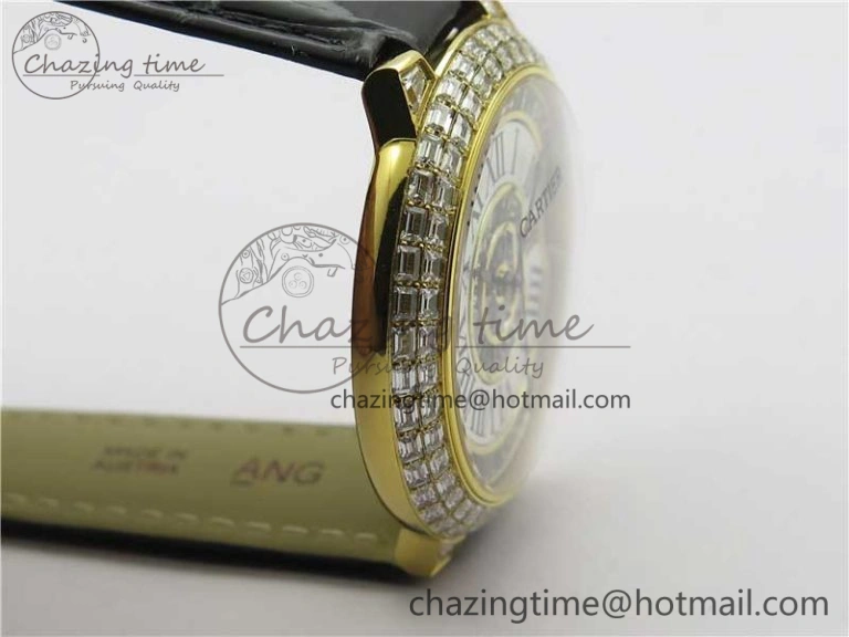 Ballon Bleu T Diamond YG Full Paved Diamonds with Roman Markers Dial on Black Leather Strap Miyota 9015