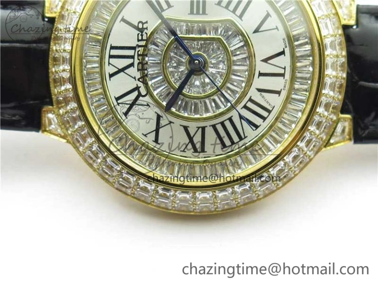 Ballon Bleu T Diamond YG Full Paved Diamonds with Roman Markers Dial on Black Leather Strap Miyota 9015