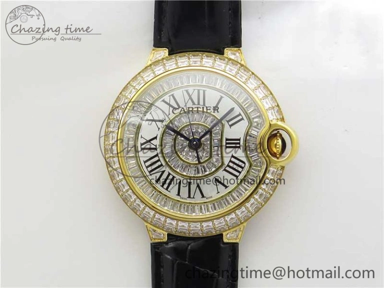 Ballon Bleu T Diamond YG Full Paved Diamonds with Roman Markers Dial on Black Leather Strap Miyota 9015