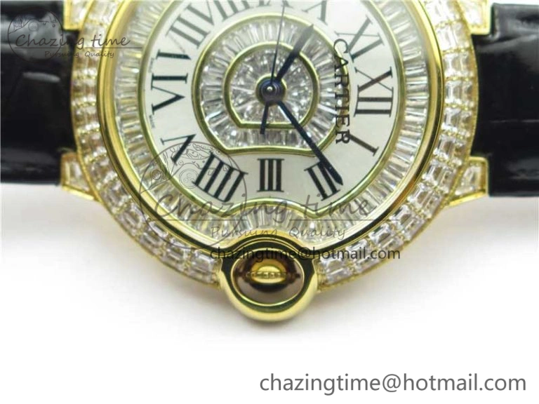 Ballon Bleu T Diamond YG Full Paved Diamonds with Roman Markers Dial on Black Leather Strap Miyota 9015