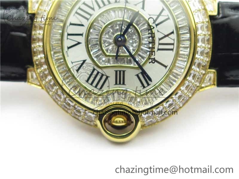 Ballon Bleu T Diamond YG Full Paved Diamonds with Roman Markers Dial on Black Leather Strap Miyota 9015