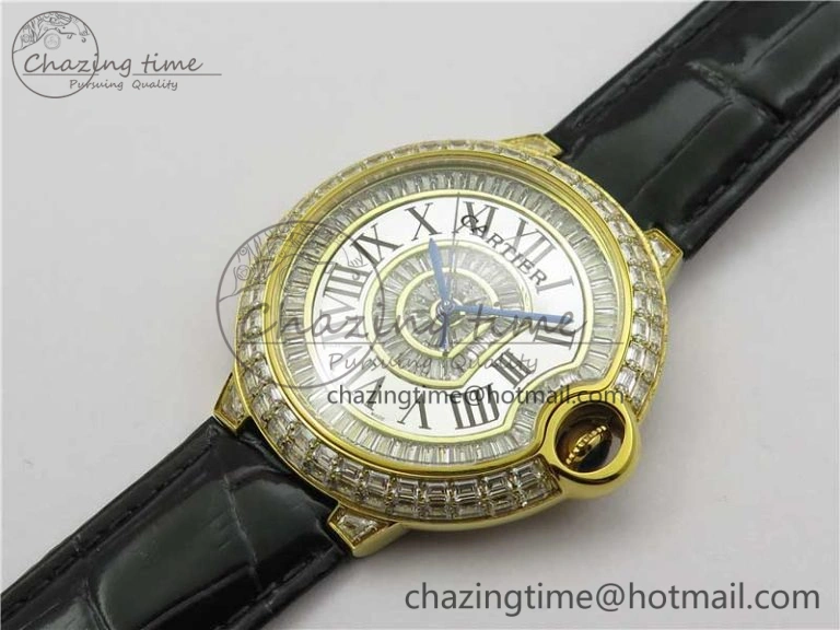 Ballon Bleu T Diamond YG Full Paved Diamonds with Roman Markers Dial on Black Leather Strap Miyota 9015
