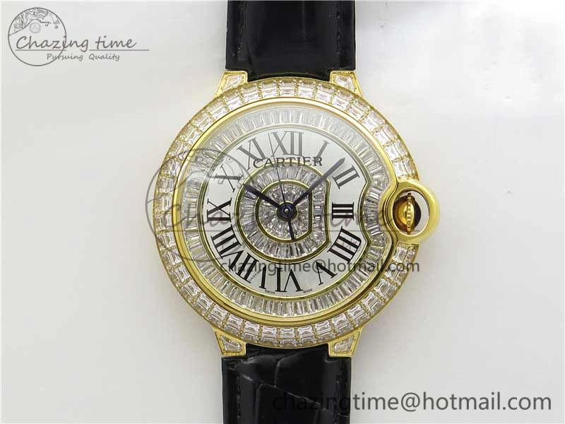 Ballon Bleu T Diamond YG Full Paved Diamonds with Roman Markers Dial on Black Leather Strap Miyota 9015