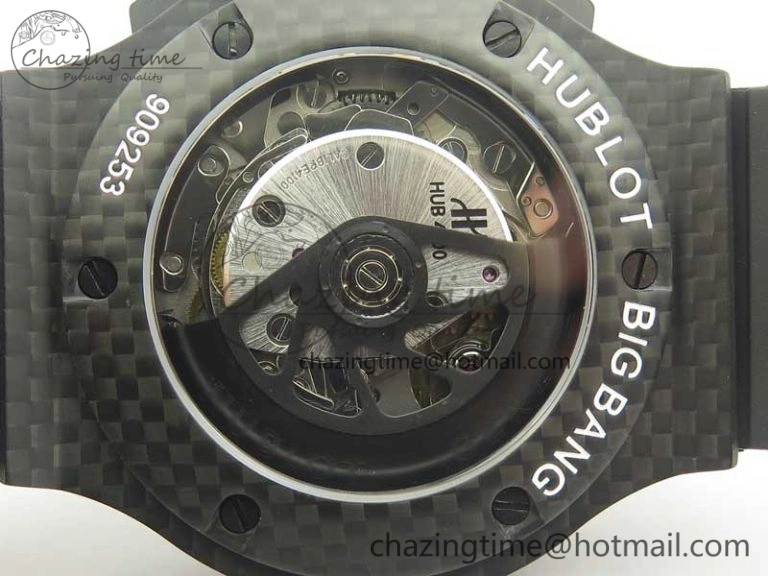 Big Bang 44mm Full Carbon Fiber 3AF CF Dial Silver Markers Hands on Black Rubber Strap HUB4100