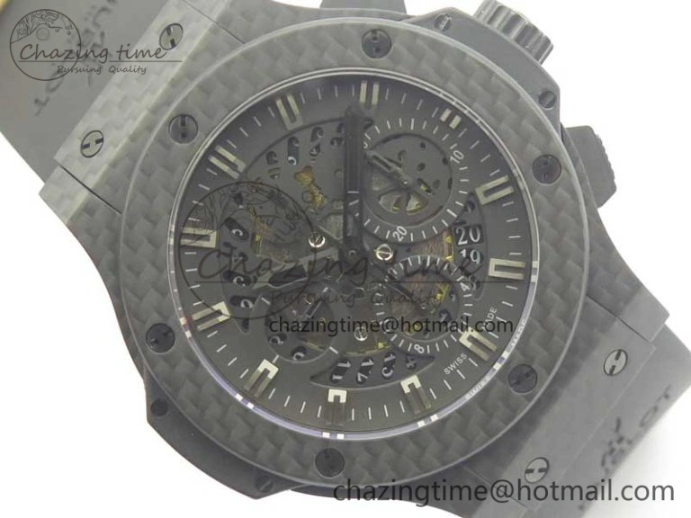 Big Bang 44mm Full Carbon Fiber 3AF Skeleton Dial Black Markers Hands on Black Rubber Strap HUB4100
