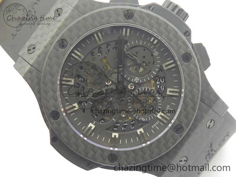 Big Bang 44mm Full Carbon Fiber 3AF Skeleton Dial Black Markers Hands on Black Rubber Strap HUB4100