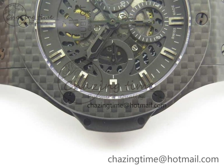 Big Bang 44mm Full Carbon Fiber 3AF Skeleton Dial Black Markers Hands on Black Rubber Strap HUB4100