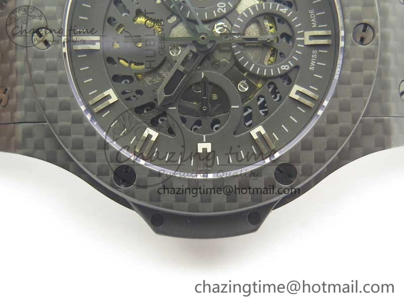 Big Bang 44mm Full Carbon Fiber 3AF Skeleton Dial Black Markers Hands on Black Rubber Strap HUB4100