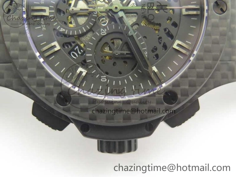 Big Bang 44mm Full Carbon Fiber 3AF Skeleton Dial Black Markers Hands on Black Rubber Strap HUB4100