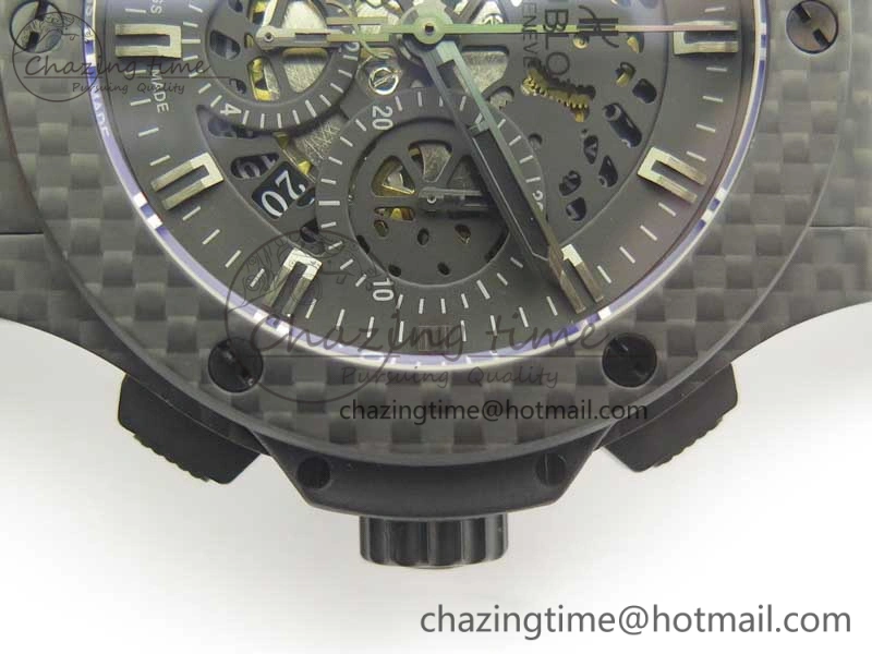 Big Bang 44mm Full Carbon Fiber 3AF Skeleton Dial Black Markers Hands on Black Rubber Strap HUB4100