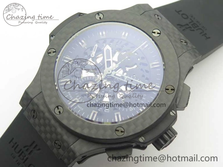 Big Bang 44mm Full Carbon Fiber 3AF Skeleton Dial Black Markers Hands on Black Rubber Strap HUB4100