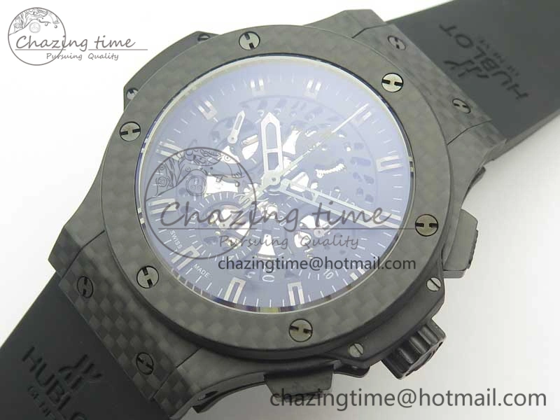 Big Bang 44mm Full Carbon Fiber 3AF Skeleton Dial Black Markers Hands on Black Rubber Strap HUB4100