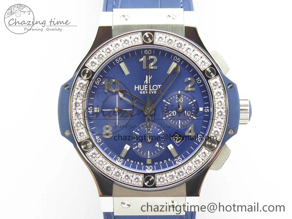 Big Bang 44mm SS V6F 1:1 Best Edition Blue Dial Diamonds Bezel on Blue Gummy Strap HUB4104